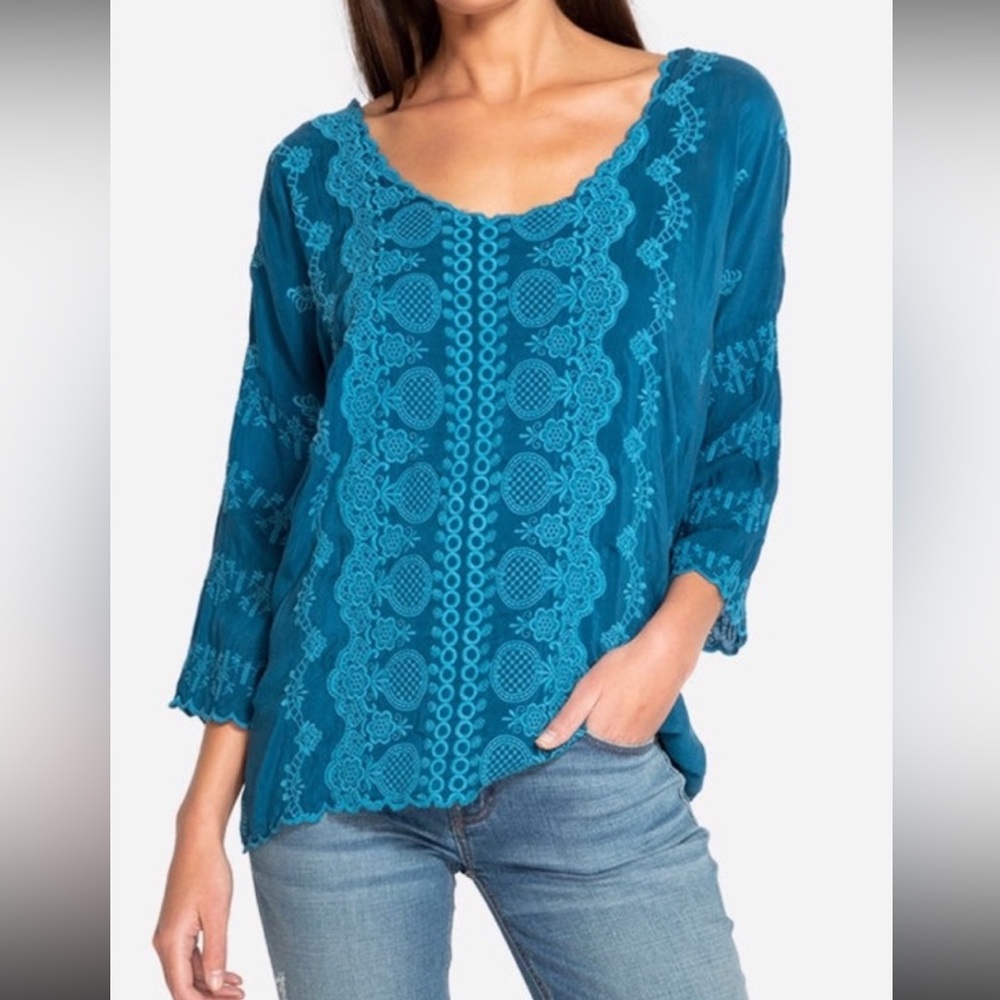 Johnny Was Analuisa Teal Blue Top